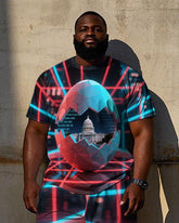 Big Men's Sci-fi White House with Egg Cracked Printed Casual Short Sleeve T-Shirt Shorts Set